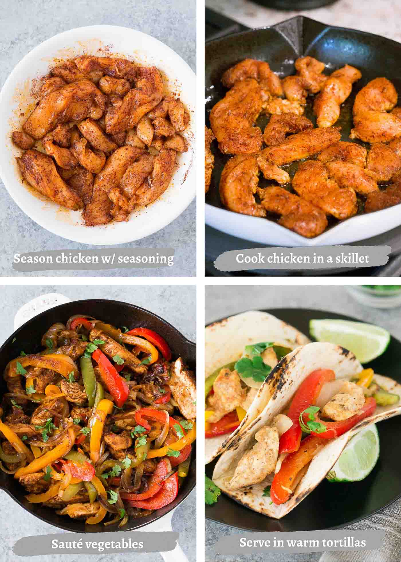 process images of making chicken fajitas in a skillet