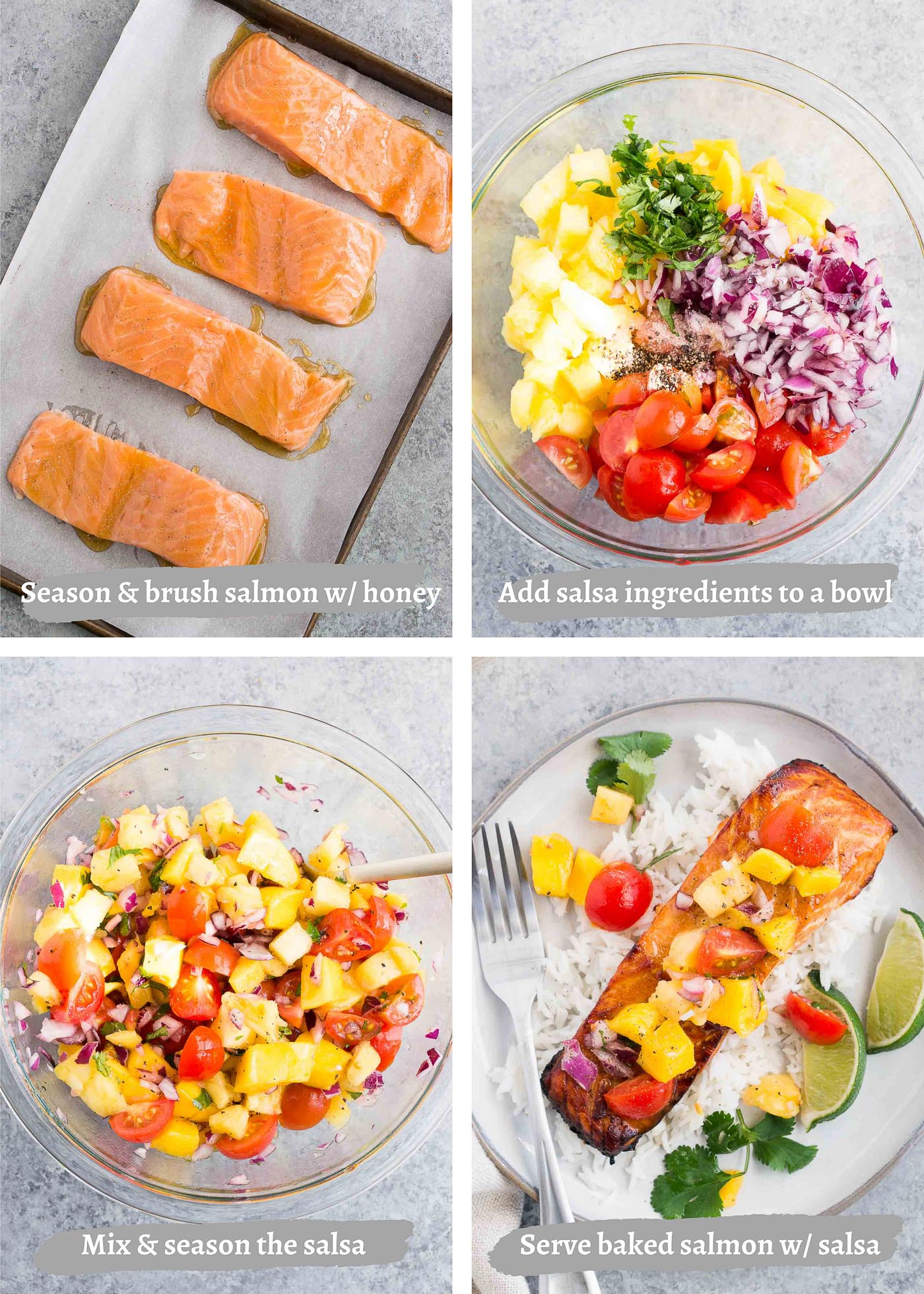 process images of making salmon with mango pineapple salsa