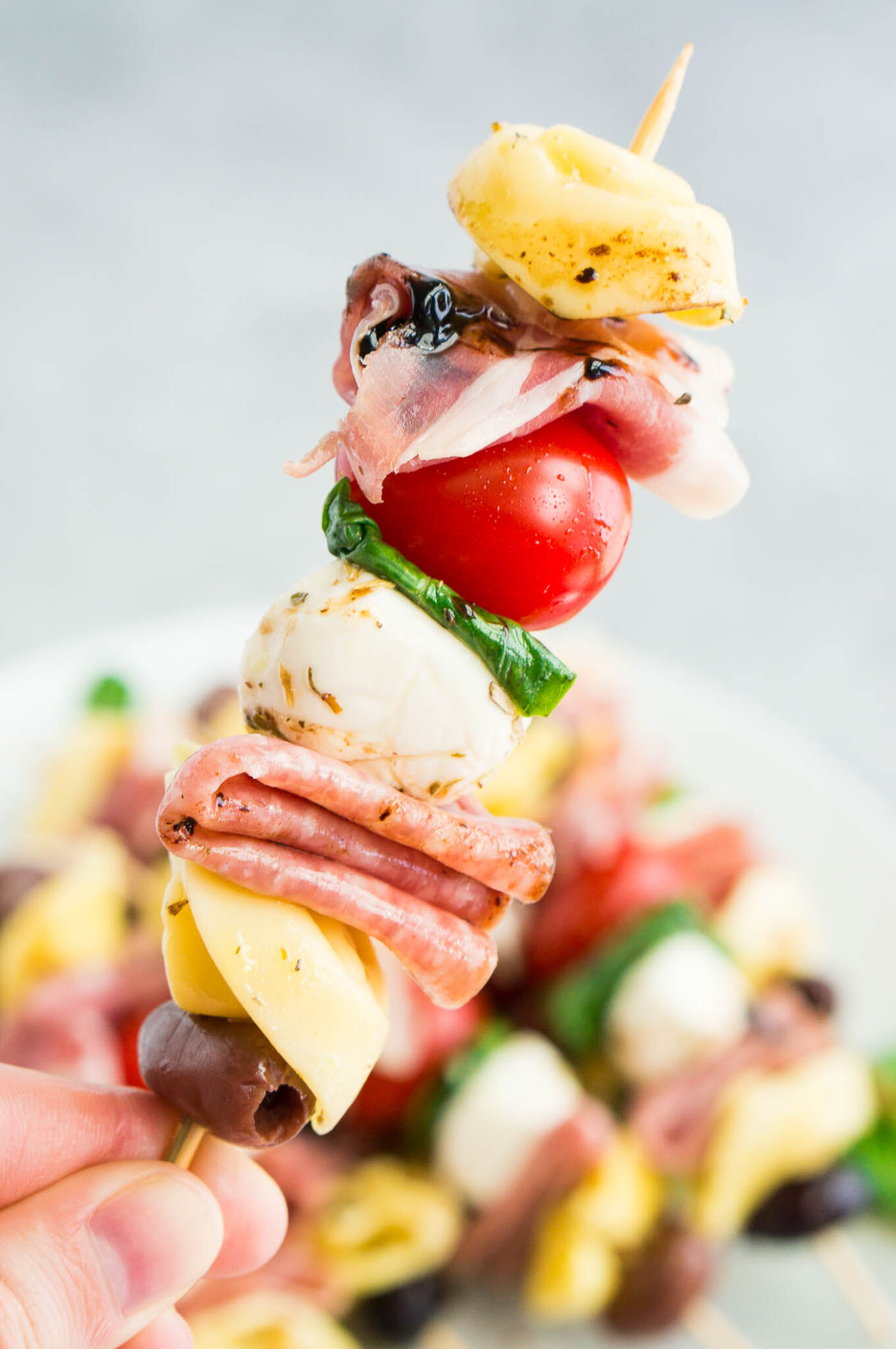 close up image of a single antipasto skewer