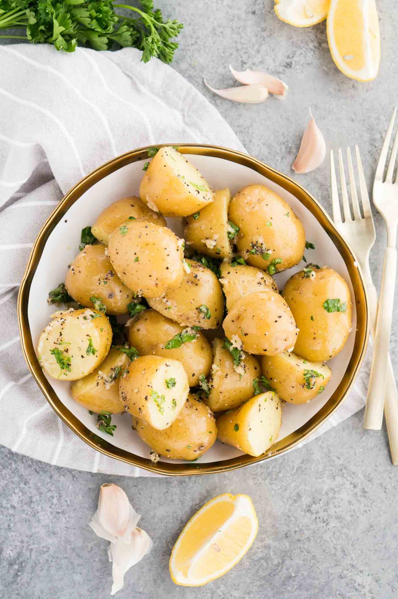 image from above of cooked potatoes on a plate