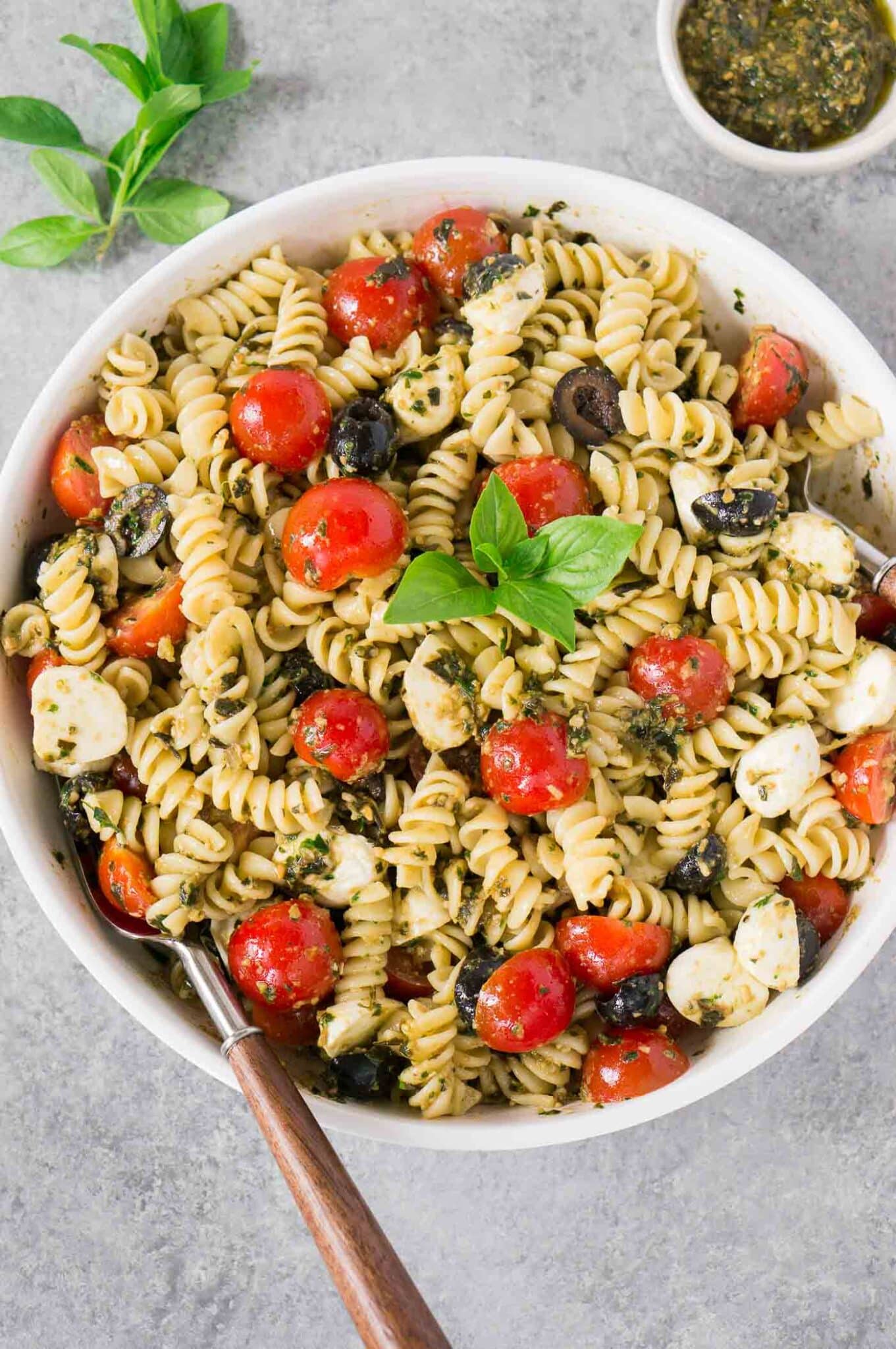 Pesto pasta salad in a bowl