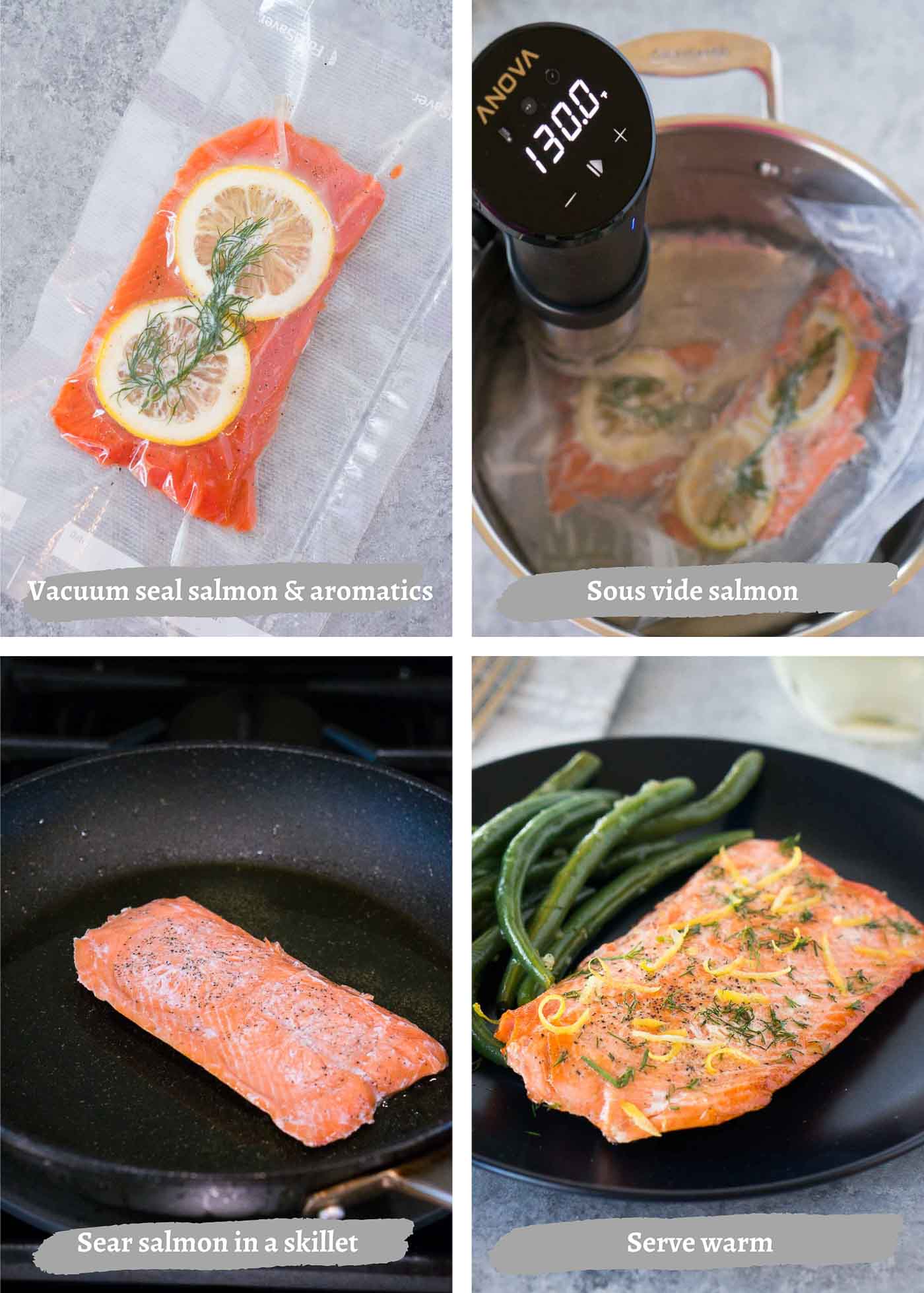 process steps of making sous vide salmon with immersion circulator