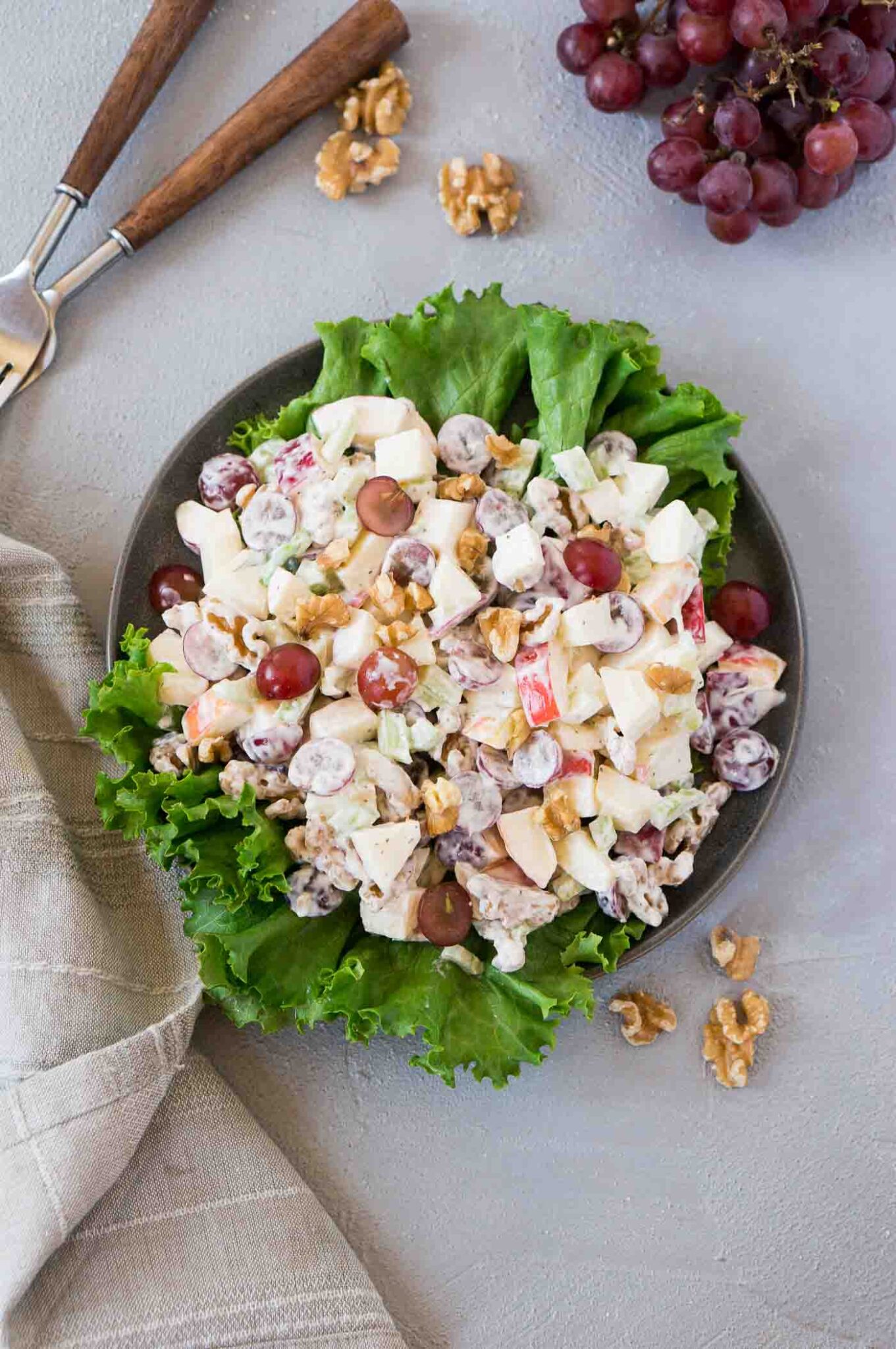 waldorf salad on a black plate from top