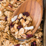 baked granola on a baking sheet