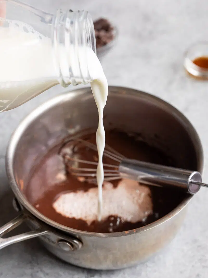Adding the remaining milk to the cocoa and honey mixture in a saucepan