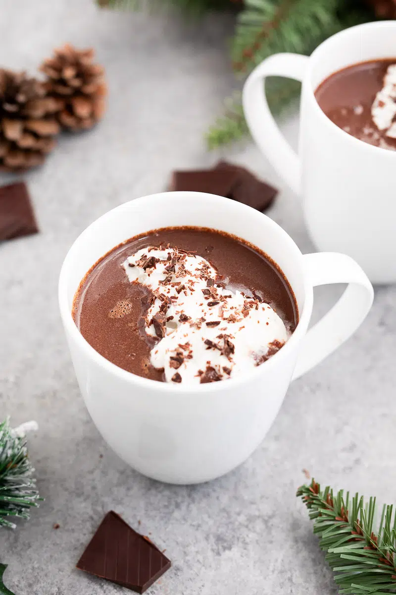Healthy hot chocolate sweetened with honey in a ceramic mug