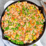 easy salmon fried rice recipe in a skillet