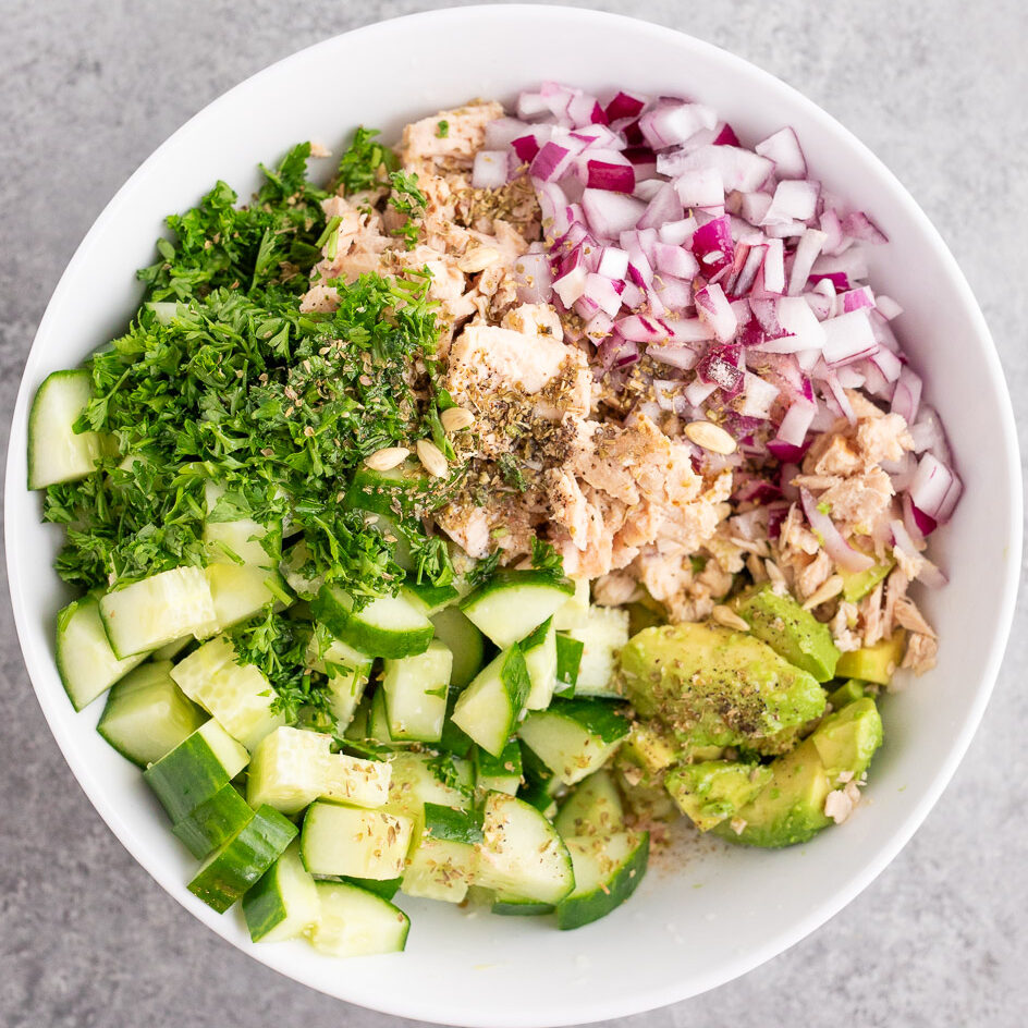 avocado tuna salad tossed with dressing