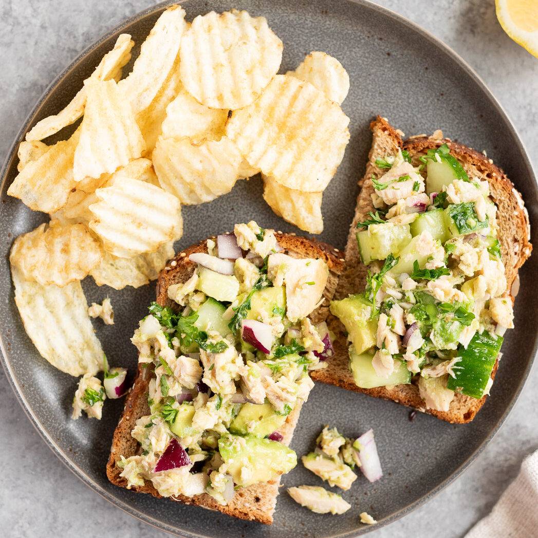 avocado tuna salad served on a toast