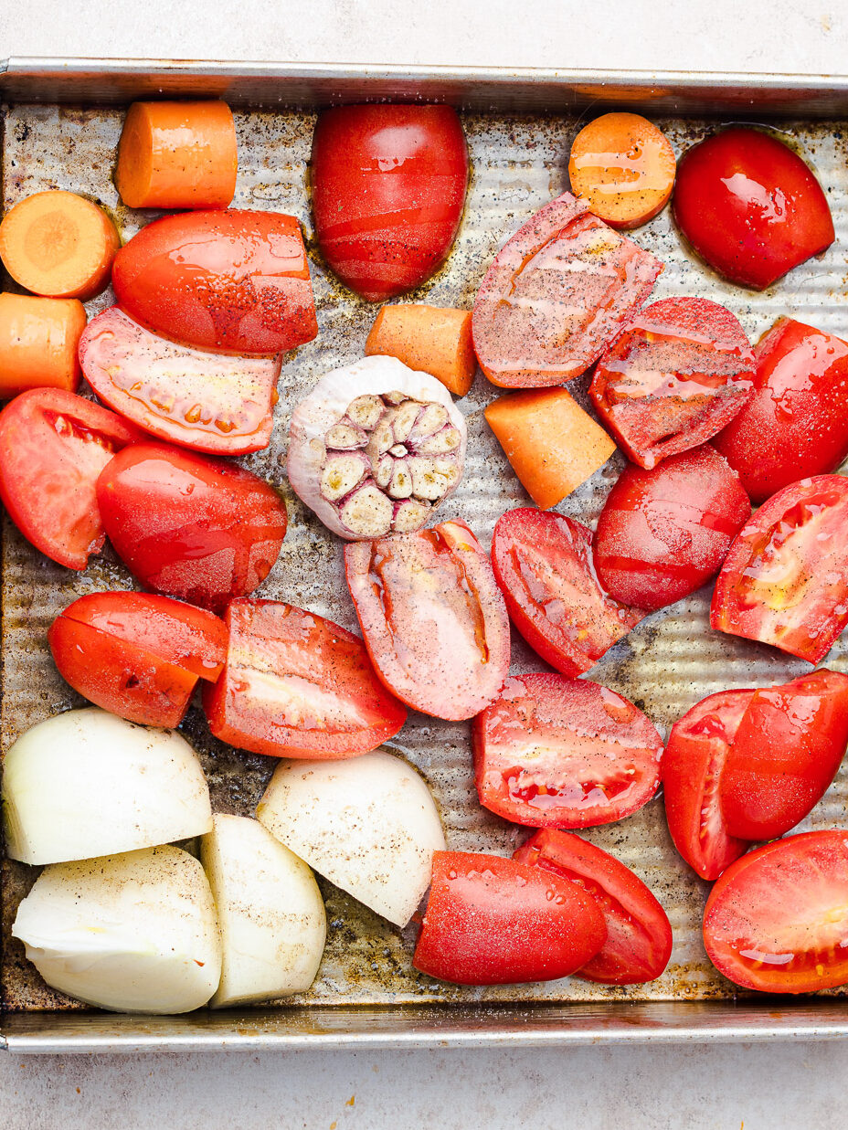 roasting tomatoes, onion and garlic for tomato soup