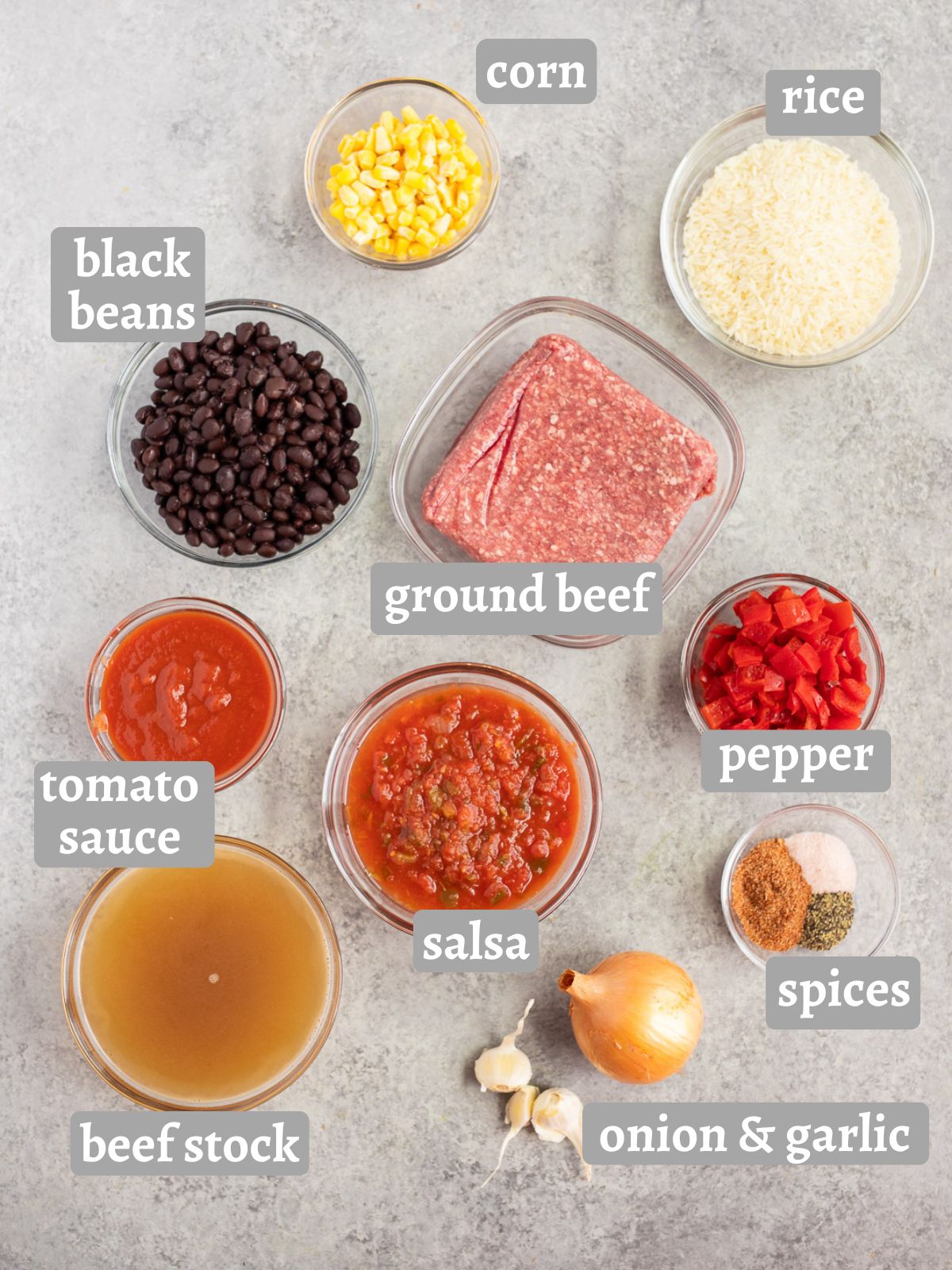 ingredients for Mexican Beef and Rice
