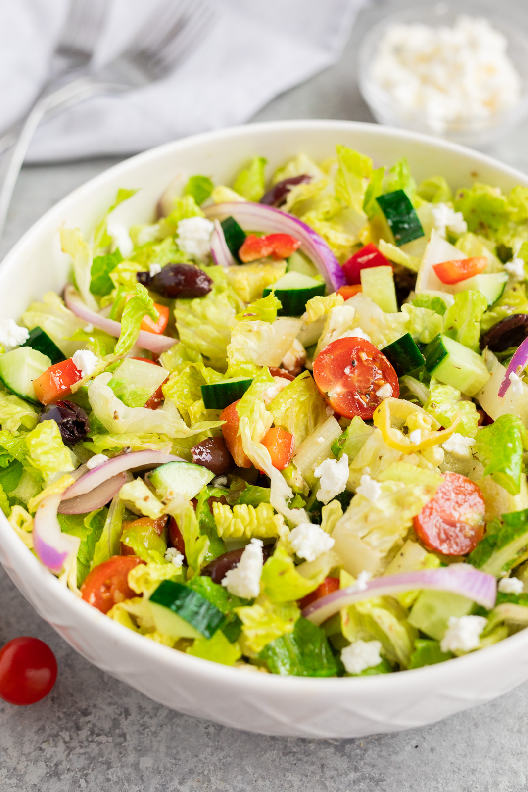 Finished chopped salad ready to serve as a fresh side dish