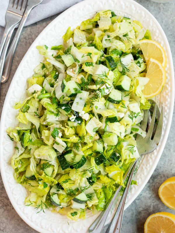 Maroulosalata Recipe (Greek Lettuce Salad) with chopped lettuce, cucumber, fresh herbs and tangy vinaigrette