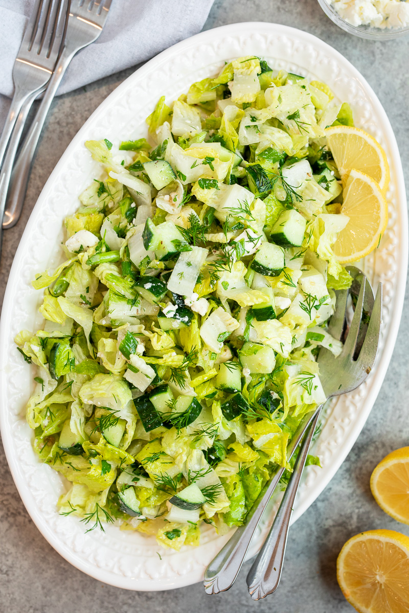 Maroulosalata Recipe (Greek Lettuce Salad) with chopped lettuce, cucumber, fresh herbs and tangy vinaigrette