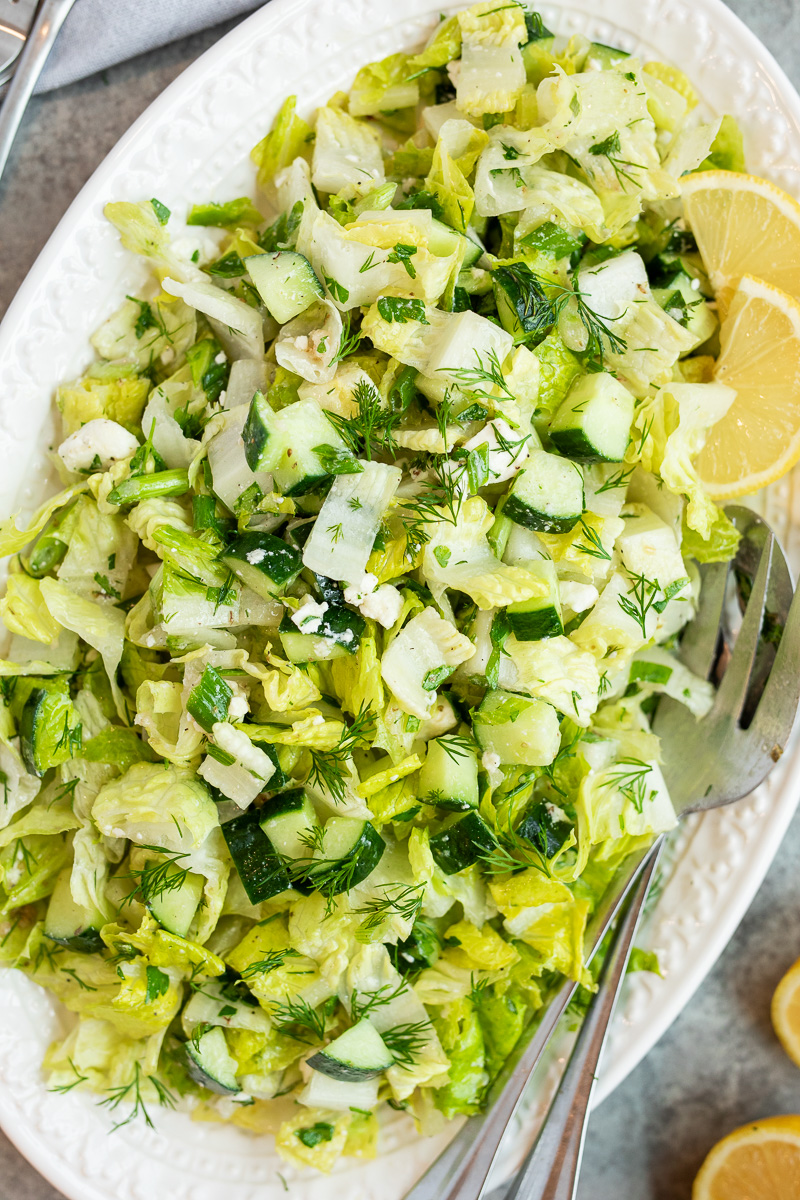 greek lettuce salad with Romaine lettuce cucumber and fresh herbs