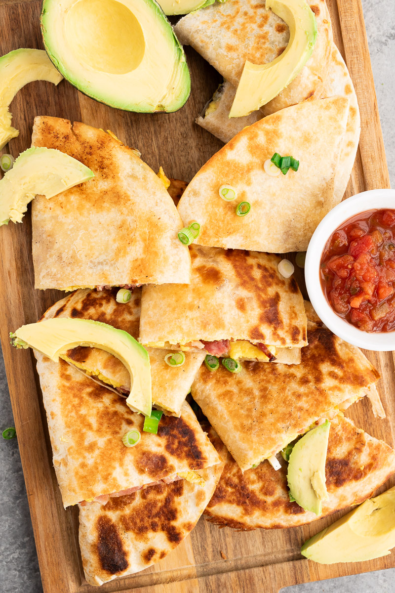 sliced bacon and egg quesadillas with salsa